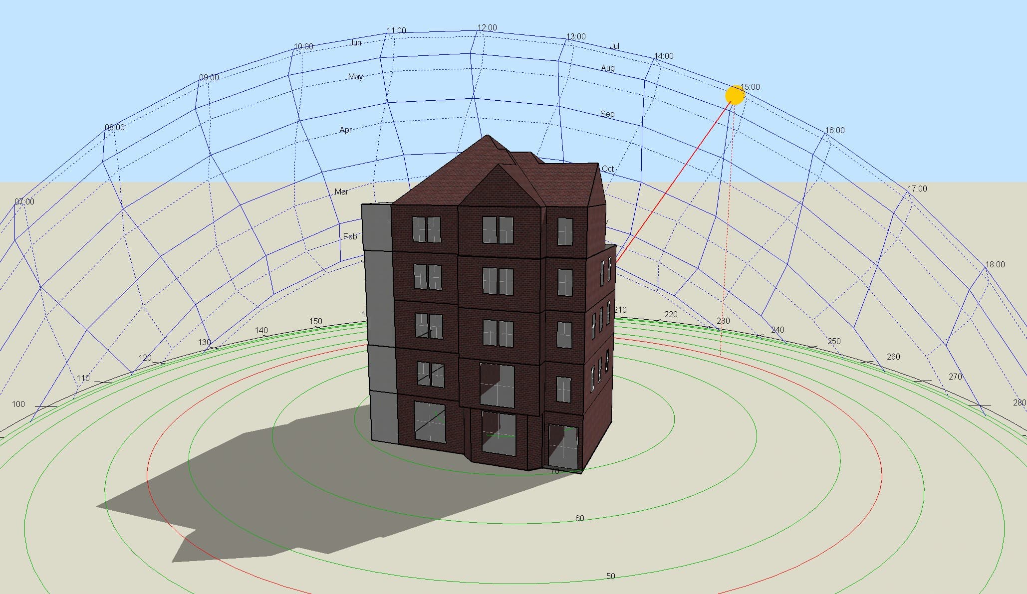 3D model of a five-storey townhouse at Grosvenor Gardens with solar sun-path overlay for SBEM modelling